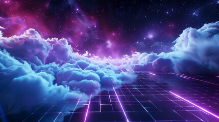 レーザーグリッドや星空の背景画像。青と紫色。サイバー系統。
Laser grid and starry sky background images. Blue and purple. Cyber system. [Generative AI]