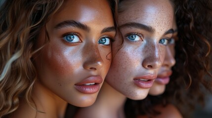 Wall Mural - Studio headshot of beautiful multiethnic girls with natural beauty and glowing smooth skin.