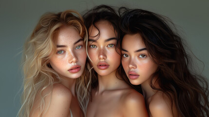 Poster - Studio headshot of beautiful multiethnic girls with natural beauty and glowing smooth skin.