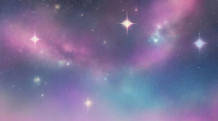 Rainbow background. Pastel glitter pink purple fantasy galaxy. Magic mermaid sky with bokeh. Holographic kawaii abstract space with stars and sparkles. Kawaii Fantasy Pastel Colorful Sky and clouds.