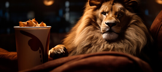 Majestic lion lounges with fries, challenging junk food norms, highlighting animal-human parallels in leisure activities Warm tones, relaxed mood, fast-food critique