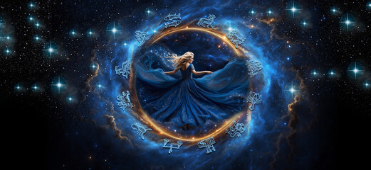 Wall Mural - horoscope with zodiac signs and woman cosmic dancer in blue dress like astrology concept