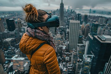 Wall Mural - urban scene, a young woman wears VR glasses, immersed in a virtual reality experience as she gazes out over the city skyline at sunset