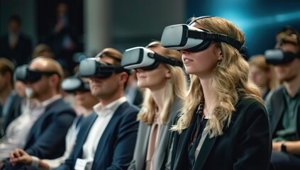 Wall Mural - Happy young professional testing innovative VR technology; man and woman in modern office, enjoying futuristic entertainment together, wearing 3D goggles and headset