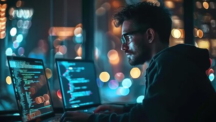 man engrossed in his computer screen, surrounded by the dim glow of the office, delving into the intricacies of software development or perhaps navigating