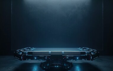 Poster - glowing futuristic technology-themed podium: an abstract illustration of a modern, neon-lit stage, s