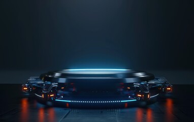 Poster - glowing futuristic technology-themed podium: an abstract illustration of a modern, neon-lit stage, s