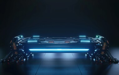 Poster - glowing futuristic technology-themed podium: an abstract illustration of a modern, neon-lit stage, s