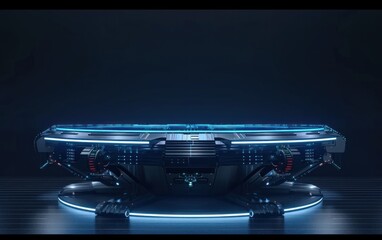 Poster - glowing futuristic technology-themed podium: an abstract illustration of a modern, neon-lit stage, s