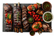 top view of an Argentinian asado, featuring assorted grilled meats such as beef ribs, chorizo, and morcilla (blood sausage), served with chimichurri sauce and grilled vegetables.