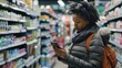 © Moopingz - A focused woman compares products on store shelves using her phone, possibly accessing reviews or discounts.