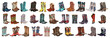 Big collection of different cowgirl boots. Traditional western cowboy boots bundle decorated with embroidered wild west ornament. Realistic vector art illustrations on transparent background.