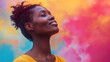 Inspirational colorful background for the Women's Day social media campaign. Side view of a black woman on vibrant abstract gradient colorful smoke background with copy-space for text.