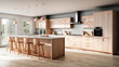 © VVstudio - Wooden peach modern kitchen interior with big table, big kitchen in modern house