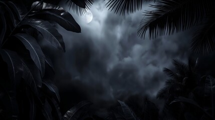 Wall Mural - an ethereal scene of tropical leaves in black, creating a mirage-like effect against a moonlit, dark