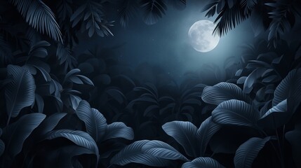 Wall Mural - an ethereal scene of tropical leaves in black, creating a mirage-like effect against a moonlit, dark