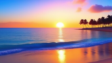 Fantastic view of sea water waves with orange sunlight at sunrise or sunset. Tropical beach landscape, exotic coast. Tropical beach with palm trees at sunset