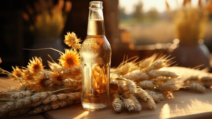 Evening dew clings to a cold beer bottle and glass set against a backdrop of golden wheat fields.