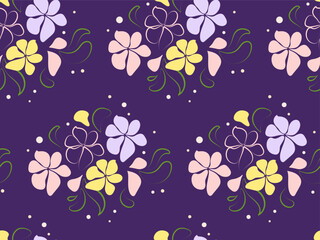 Seamless linear pattern cute floral arrangement in flat style on dark background. Vector endless nature background for design of cards, weddings, clothes, wallpaper, packaging, paper