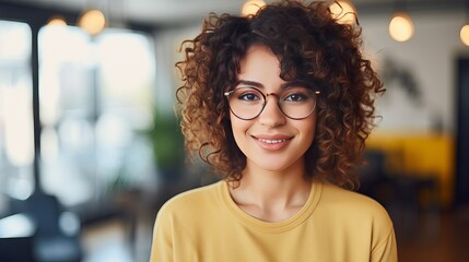 Wall Mural - Close Up Portrait of a Young Latina with Short Dark Hair and Glasses Posing for Camera in Creative Office. Beautiful Diverse Multiethnic Hispanic Female Wearing Yellow Jumper is Happy and Smiling