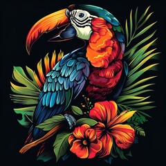 Wall Mural - Colorful parrot with tropical flowers on a black background, ai generative