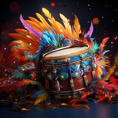 Wall Mural - Brazilian and african colorful drums with feathers. Music instruments with traditional ornament. Rio carnival concept. Brazilian dance and music. Seasonal event poster, card, banner