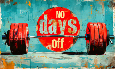 Motivational fitness mantra No days off with barbell, promoting continuous exercise and dedication, in a bold distressed font on a grungy circular backdrop