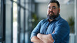 copy space, stockphoto, Shot of plus size businessman in modern office environment , business realted panorama web banner. Heavy weight businessman posing in an office environment. Body inclusive them