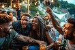 © Lens Legacy - A vibrant group of friends enjoying each other's company, their faces adorned with genuine smiles as they raise their glasses in celebration at an outdoor festival