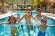Vibrant and carefree, a group of kids clad in colorful swimwear jump into the crystal clear waters of a bustling outdoor pool, their laughter echoing through the leisure centre as they make the most 