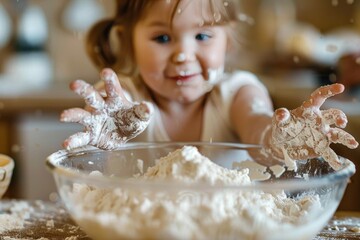 A curious toddler discovers the joys of baking as she proudly shows off her flour-covered hands and beaming human face