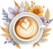 Heart latte art coffee cup decorated with flowers isolated illustration on transparent background png, watercolor design element for food, drink and coffee shop