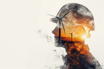 The double exposure image of the engineer standing back during sunrise overlay with wind turbine image.The concept of engineering, power,renewable,wind turbine electricity,environment and future.