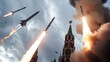 Imposing Image of Multiple Surface-to-Air Missiles Launching in a Salvo with Trails of Fire and Smoke Against a Cloudy Sky, Overlooking the Historic Kremlin Towers