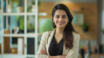 young success india business woman portrait leader confident happy smiling in office .