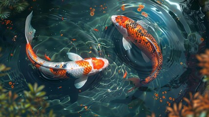 Wall Mural - A tranquil scene captures the graceful movement of two large koi fish swimming peacefully in a serene pond