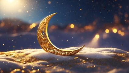 Wall Mural - a golden crescent with a lantern hanging from it on a white background for eid mubarak