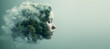 Woman portrait with trees, planet earth, green forest and woodland, environment concept, connect and protect nature, earth day