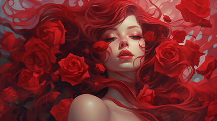 Wall Mural - woman with red rose petals