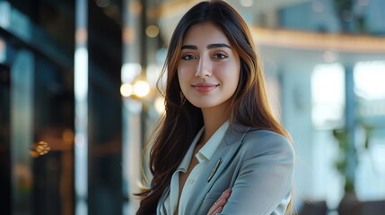 Portrait of a young Indian Asian business woman standing in modern office. She looks confident, happy and optimistic. 