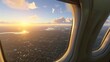 A mesmerizing view from an aircraft window, showcasing a town basking under a cloudless sundown sky