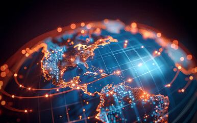 Wall Mural - Digital world globe centered on America, concept of global network and connectivity on Earth, data transfer and cyber technology, information exchange and international telecommunication