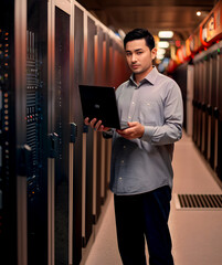 A data center chief standing in a server room holding a laptop computer. Ai generated.