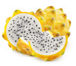 Isolated dragonfruit. Whole, slice and two pieces of yellow pitahaya fruit isolated on white background with clipping path