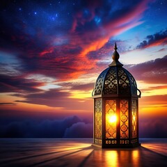 Wall Mural - A lit up ramadan lamp against serene and beautiful evening sky Ramadan background generative ai