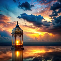 Wall Mural - A lit up ramadan lamp against serene and beautiful evening sky Ramadan background generative ai