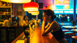 Poster with young woman at the bar in an empty night diner, lonely customer, bright neon light, concept of loneliness and the importance of psychotherapy for help and support, space for concept