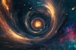 A depiction of a time travel gateway, a swirling vortex located at the center of a galaxy, with stars and planets swirling around it. 8k