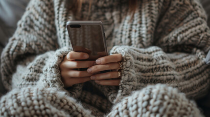 Sticker - A person in a cozy sweater is focused on their smartphone, interacting with the device in a comfortable indoor setting.