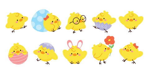 Wall Mural - Set of cute easter chicks vector. Happy Easter animal element with yellow chicks in different pose, flower, egg, rabbit. Chicken character illustration design for clipart, sticker, decor, card.